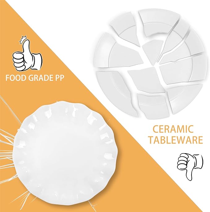 LIYH 24 Pcs White Plastic Plates Reusable - Unbreakable Party Plates, Microwave & Dishwasher Safe Camping Plate Sets Perfect for Parties, Birthday, Picnics, BPA Free (12Guests)