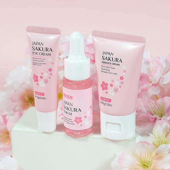 Skin Care Set JAPAN SAKURA Women Beauty Gift Sets Skin Care Kit with Serum, Eye Cream, Face Cream Travel Kit for Women Wife Mom Teen Girls TSA-friendly Sizes Birthday Gift 3pcs-BrightBean Baby