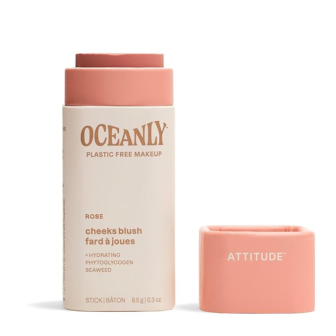 ATTITUDE Oceanly Lightweight Blush Stick, Titanium Dioxide-Free, EWG Verified, Plastic-Free, Vegan & Cruelty-free Makeup, Rose, 0.3 Ounces-BrightBean Baby