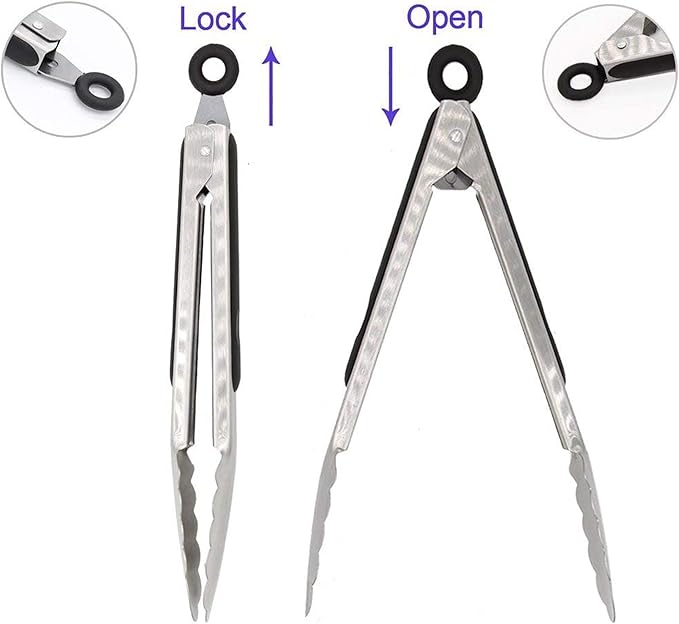 304 Stainless Steel Kitchen Cooking Tongs, 9" and 12" Set of 4 Sturdy Grilling Barbeque Brushed Locking Food Tongs with Ergonomic Grip, Black