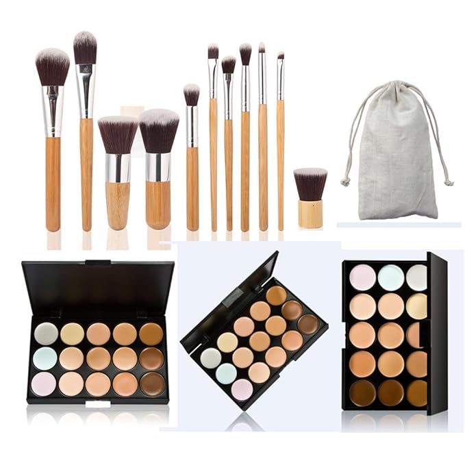15 Colour Makeup Contour Palette Cream Kit, with 11 Pcs Complete Function Makeup Brushes Set and Storage Bag, Highlighting Light, Medium to Dark, Vegan & Cruelty Free-BrightBean Baby