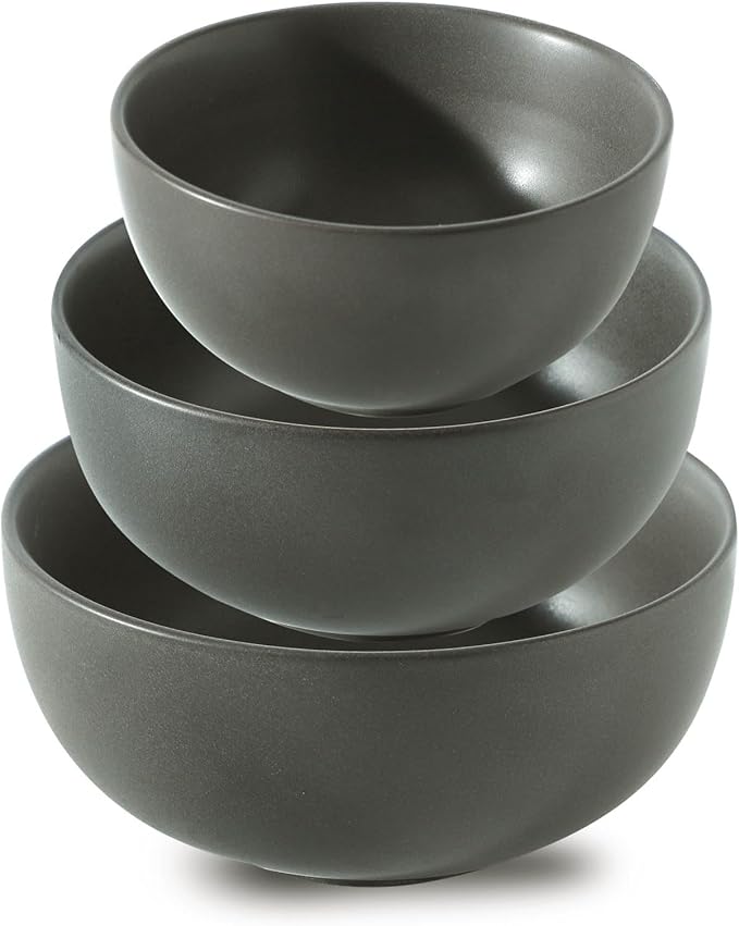 Tikoore Ceramic Mixing Bowls Set of 3, 24oz 40oz 88oz Nesting Bowl Ideal for Parties Dinners Serving Salad Fruit, Versatile for Mixing Prepping Serving in Kitchen, Dishwasher Microwave Safe Black