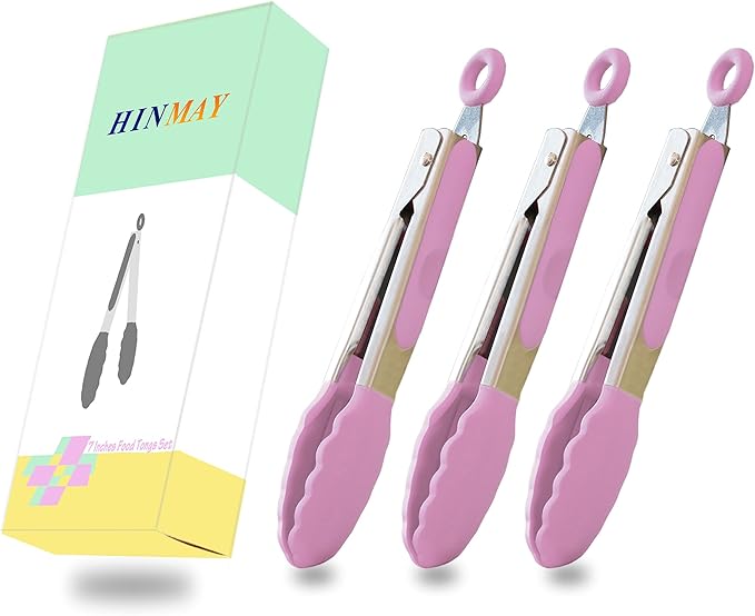 Small Serving Tongs with Silicone Tips 7-Inch Mini Tongs, Set of 3 (Pink)