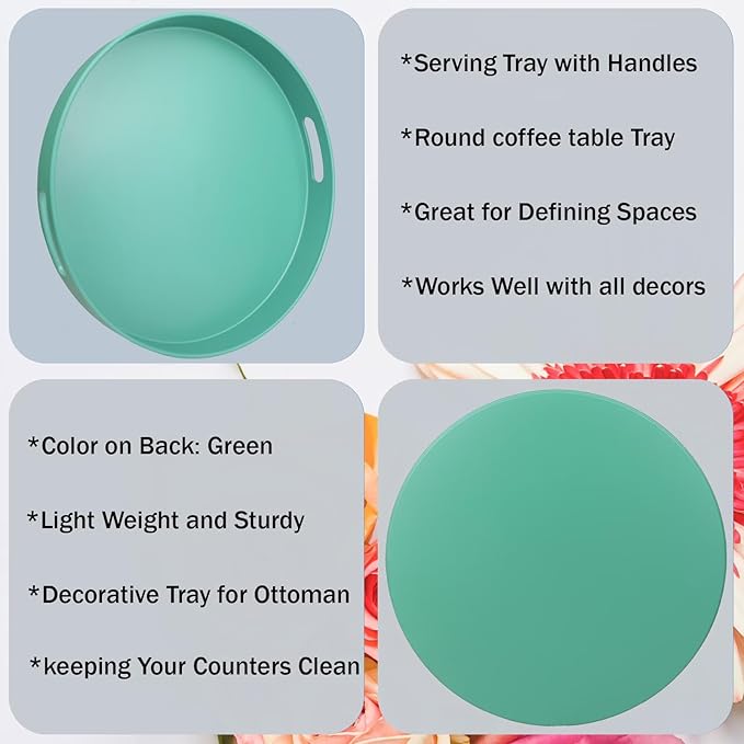 Round Green Decorative Serving Tray with Handles, 13” Versatile Ottoman Tray for Coffee Table, Entertaining, Outdoor Patio, Living Room