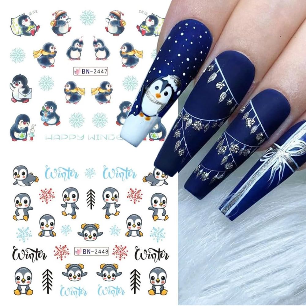 Snowflake Nail Art Stickers Decals Christmas Decorations - 12 Sheets Winter Snowman Elk Penguin Bear Design Water Transfer Slider Foils Supplies for Women DIY Acrylic-BrightBean Baby