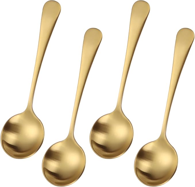 7" Round Soup Spoons Set of 4,18/10 Stainless Steel Heavy Duty with Deep Bowl,Matte Stain Finish,Dishwasher Safe(Gold)