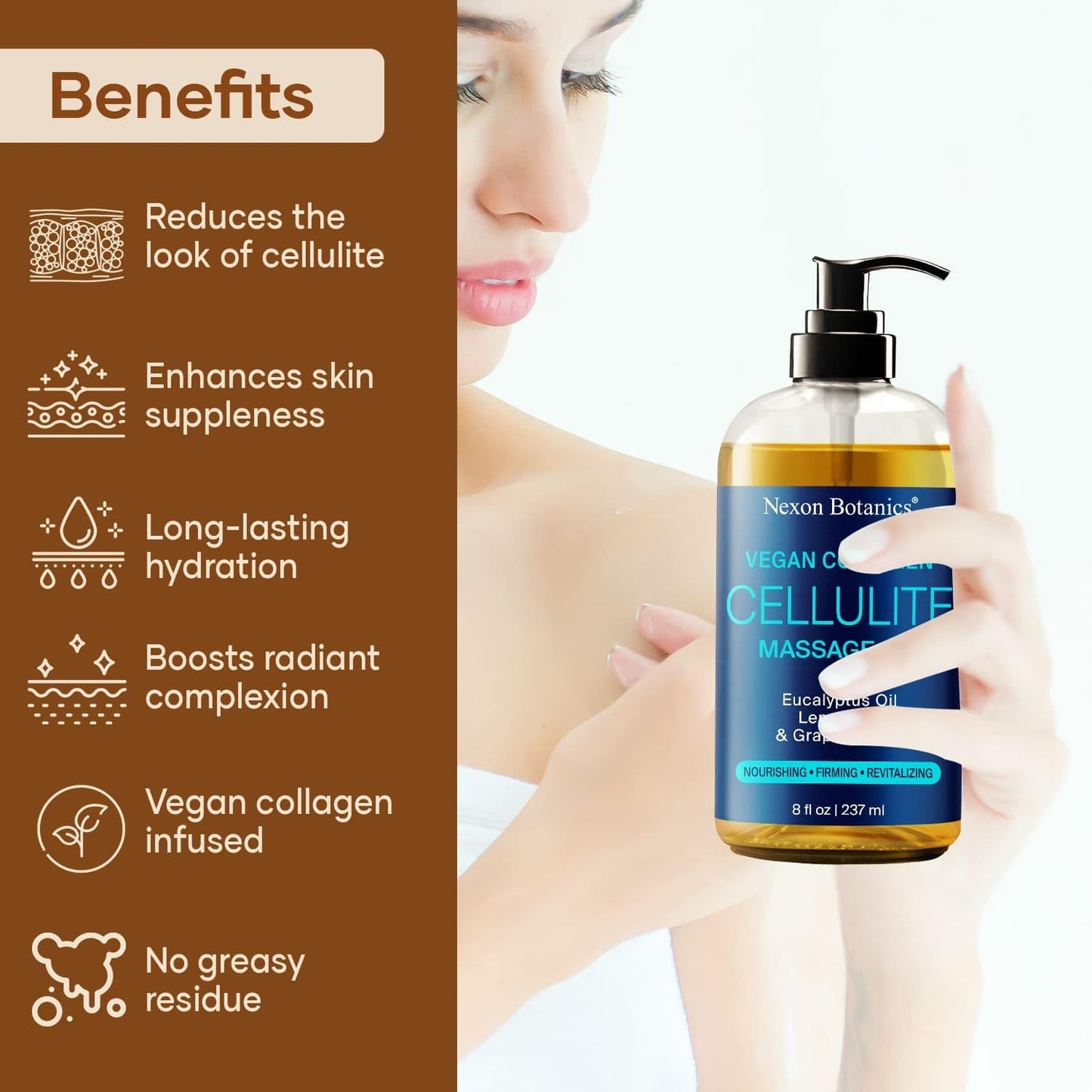 Anti-Cellulite Massage Oil for Massage Therapy 8 fl oz - Refreshing and Relaxing - Natural Oils with Vegan Collagen and Stem Cells - for Men and Women - Nexon Botanics-BrightBean Baby