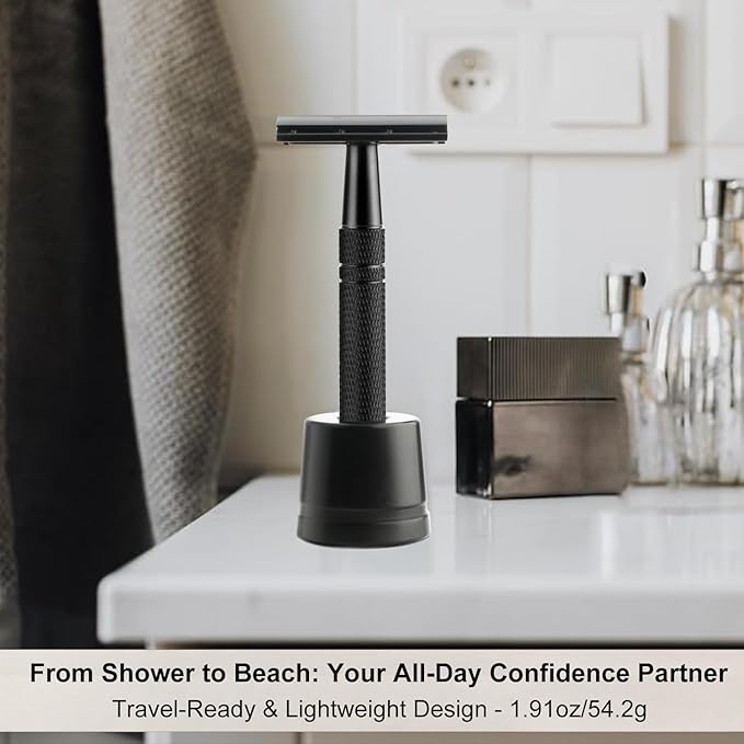 Double Edge Safety Razor with Stand, Single Blade Razors for Men and Women, Reusable Metal Razor, with 10 Stainless Steel Double Edge Blades, Smooth and Close Shave, Plastic Free, Matte Black-BrightBean Baby