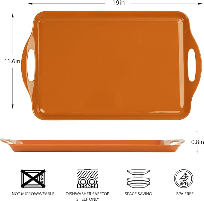 Extra Large Fall Thanksgiving Serving Tray with Handles, 19''x11.6'' Melamine Platters, Rectangular Trays for Serving Food, Turkey, Cookie, Cupcakes, Desserts, Dishwasher Safe, BPA-Free, Set of 2
