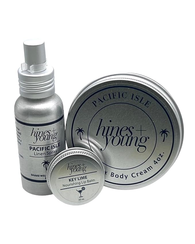 Hines+Young Travel Tins Gift Set - 4 oz Body Cream, 2 oz Linen Spray, Natural Lip Balm - Skin Care and Refreshing Home Fragrance, Ideal Self-Care Gift Set (Pack of 3, Pacific Isle)-BrightBean Baby