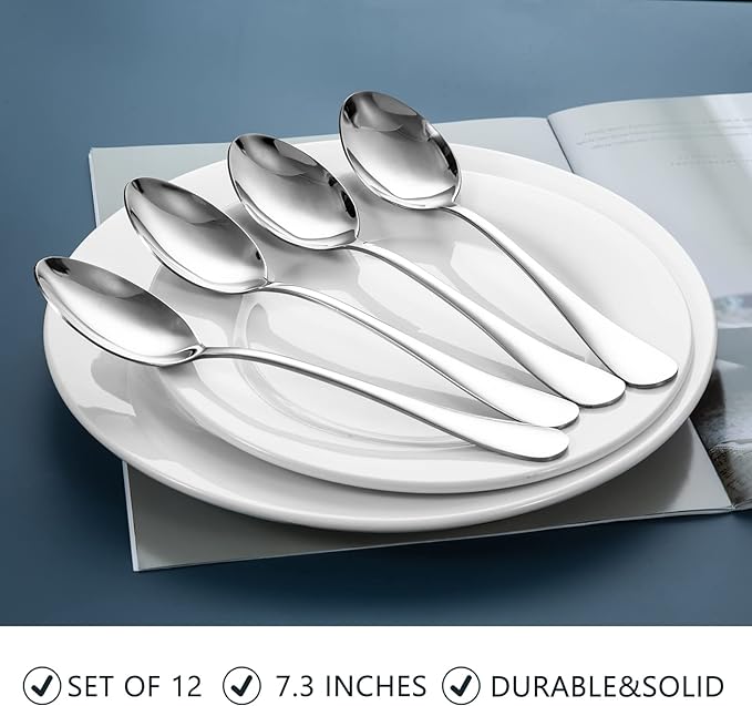 SANTUO Stainless Steel Dinner Spoons Set,12 Piece 7.3" Silverware,Table Soup Spoons Set,Mirror Finish & Dishwasher Safe