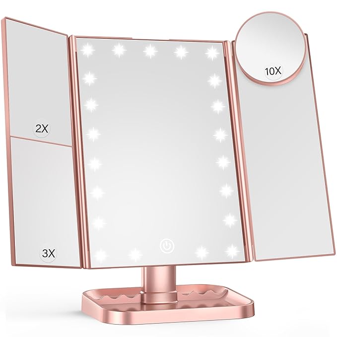HUONUL Makeup Mirror, 10X 3X 2X Magnification, Lighted Makeup Mirror, Touch Control, Dual Power Supply, Portable LED Mirror, Women Gift (Rose Gold)-BrightBean Baby