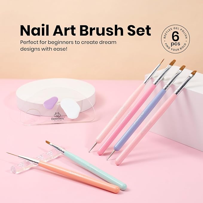 Beetles Nail Art Brushes, 6pcs Nail Art Tool Set, Nail Double-headed Dotting Tools, Striping Nail Art Brushes for Long/Short Lines, Nail Drawing Pen with Nail Brush Holder&Palette For Nail Design-BrightBean Baby