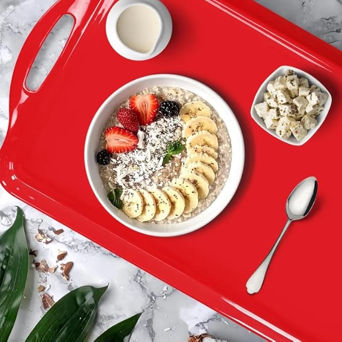 Red Christmas Serving Tray with Handles, 19''x11.6'' Extra Large Red，Melamine Platters Set of 2, Rectangular Trays for Serving Food, Turkey, Cookie, Cupcakes, Desserts, Dishwasher Safe, BPA-Free