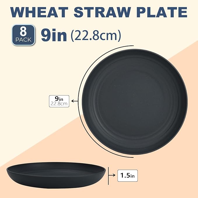 Wrova Wheat Straw Dinner Plates - 9 Inch Unbreakable Set of 8 - Dishwasher & Microwave Safe Reusable Plates - Lightweight for Kitchen & Camping (Classic Series)