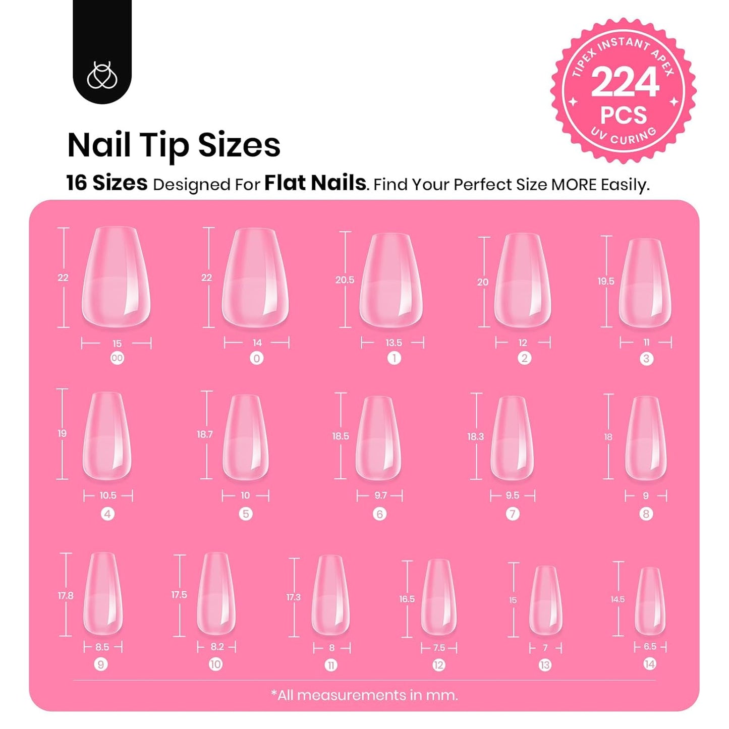 Beetles Tipex Gel Nail Kit Short Coffin Instant Apex Nail Tips, 224 Pcs 16 Sizes Pre-Building Pre-Etched False Nail Tips with Tipex Uv Nail Glue,Mini Nail Lamp-Thick Acrylic Nail Set-BrightBean Baby