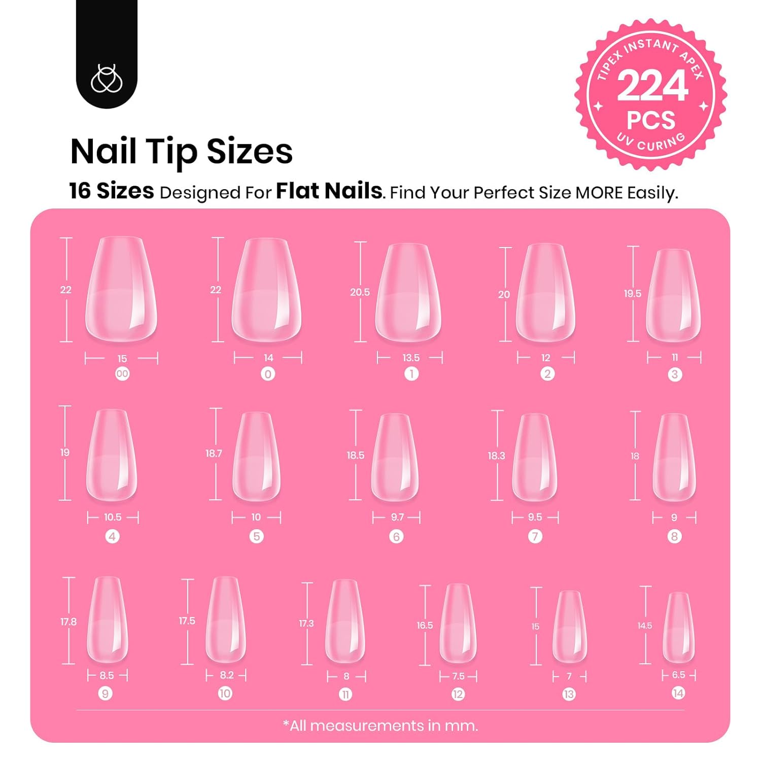Beetles Tipex Gel Nail Kit Short Coffin Instant Apex Nail Tips, 224 Pcs 16 Sizes Pre-Building Pre-Etched False Nail Tips with Tipex Uv Nail Glue,Mini Nail Lamp-Thick Acrylic Nail Set-BrightBean Baby