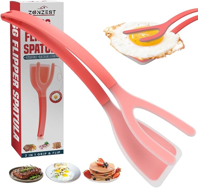 Silicone Egg Flipper Spatula Tongs (Set of 1) – Non-Stick 2-in-1 Grip & Flip Kitchen Tongs for Pancakes, Fish, Eggs, and More – Heat Resistant Cooking Tool (Red)
