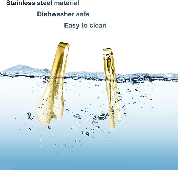 12-Piece Mini Tongs - 5-Inch Stainless Steel Salad Tongs, Small Tongs for Serving Food, Mini Serving Utensils for Appetizers, Party, Coffee, Desserts (Gold)