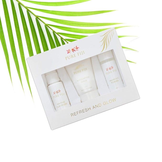 Pure Fiji Refresh and Glow - Facial Travel Kit - Sulphate-Free Purifying Cleanser (30 ml), Balancing Alcohol-Free Toner (30 ml), Fruit Enzyme Exfoliating Scrub (30 ml)-BrightBean Baby