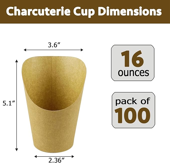 CAMKYDE 100 Pcs French Fries Holder, 16oz Disposable Paper French Fry Cups Charcuterie Cups for all Occasions (16oz, Brown)