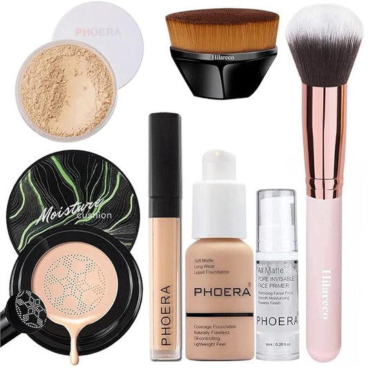 PHOERA Foundation Full Coverage Makeup, Mushroom Head Air Cushion CC Cream Natural Foundation Set,PHOERA Concealer, PHOERA Primer, PHOERA Powder, Foundation Brushes (103 Warm Peach+ 03 Warm Nude CC)-BrightBean Baby