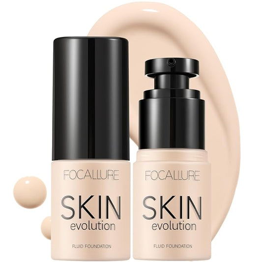 FOCALLURE 2 Pcs Liquid Foundation, Skin Evolution Foundation + Concealer, Full Coverage Foundation Makeup, Durable, Waterproof, Oil-Control, Hides Wrinkles & Lines, Alabaster-BrightBean Baby