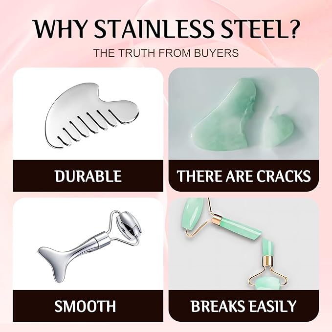 Gua Sha Facial Tool and Face Roller Set, Stainless Steel Lymphatic Drainage Massager for Face, Head, Eyes, Chin and Jaw, Lifting, Massage Scraping with Travel Pouch-BrightBean Baby