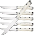 Alata 6-Piece White Steak Knives Set, Stainless Steel Steak Knife set with Serrated Edge, Razor-Sharp, Full-Tang Construction, Dishwasher Safe