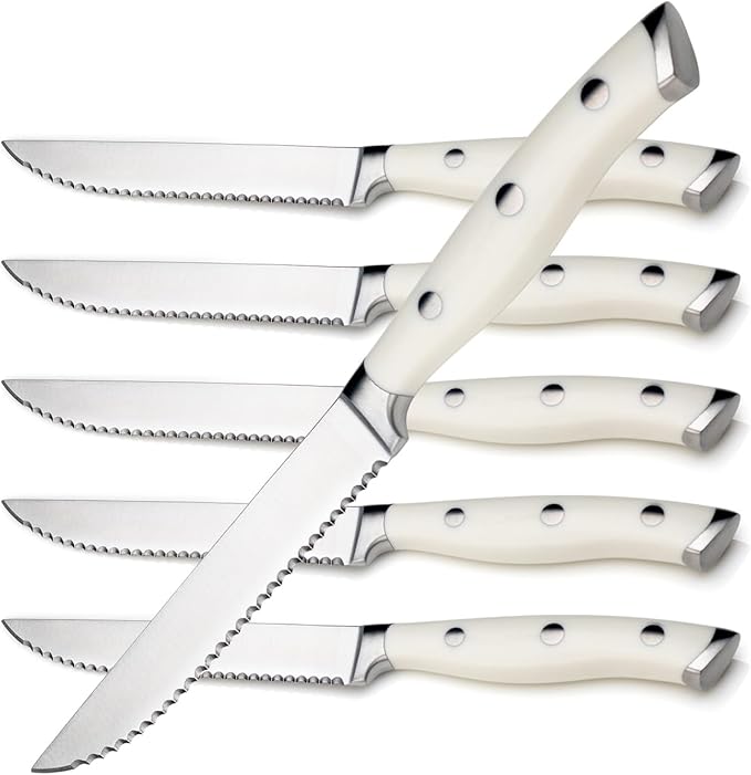 Alata 6-Piece White Steak Knives Set, Stainless Steel Steak Knife set with Serrated Edge, Razor-Sharp, Full-Tang Construction, Dishwasher Safe