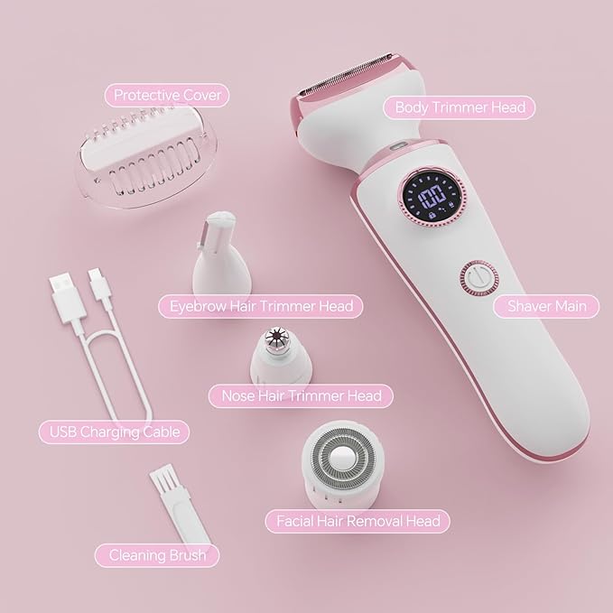 Electric Razor for Women, 4-in-1 Bikini Trimmer & Body Shaver for Face, Legs, Underarms, Pubic Hair, Rechargeable Wet/Dry Painless Hair Removal with LED Light & Travel Lock-BrightBean Baby