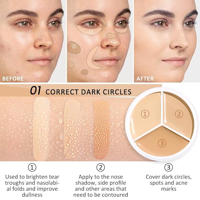Kaely 3Pcs Tri Color Concealer Pot,Color Correcting Concealer for Dark Circles Spots,Cream Concealer Full Coverage,Foundation Contour Makeup Palettes,under Eye Brightener corrector de ojeras,01+02+03-BrightBean Baby
