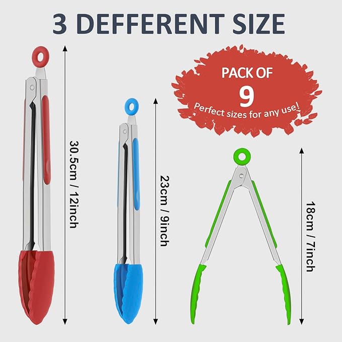 9 Pieces Silicone Tongs for Cooking 7,9,12 inches Kitchen Tongs with Silicone Tip Stainless Steel Heat Resistant Cooking Tongs for Food Grill Salad BBQ Frying and Serving, 3 Color