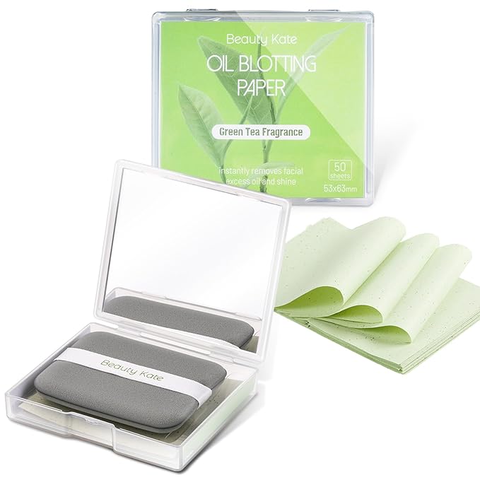2 Pack Oil Blotting Sheets for Face, Oil Blotting Paper Green Tea Total 100 sheets with Portable Mirror Case & Makeup Puff Makeup Friendly-BrightBean Baby