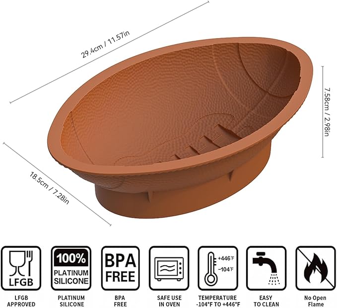 Football Cake Pan with Scraper - 12 Inch Nonstick Football Shaped Silicone Mold for Baking, 3D Breakable Chocolate Mold, Sports-Themed Party