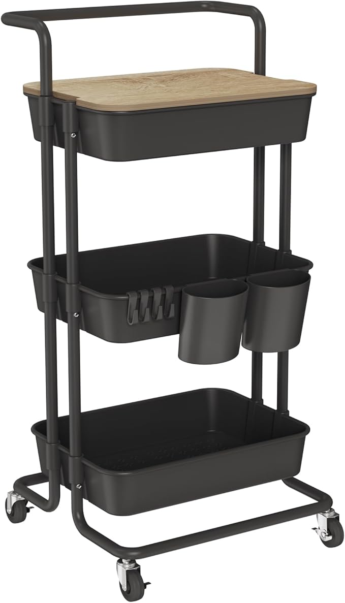 DTK 3 Tier Rolling Cart Uility Cart with Cover Board, Mobile Storage Cart with Wheels, Cups, Hooks for Office Utility Kitchen Bathroom Homeschool Art Craft Postpartum Teacher Cart Organizer(Black)-BrightBean Baby