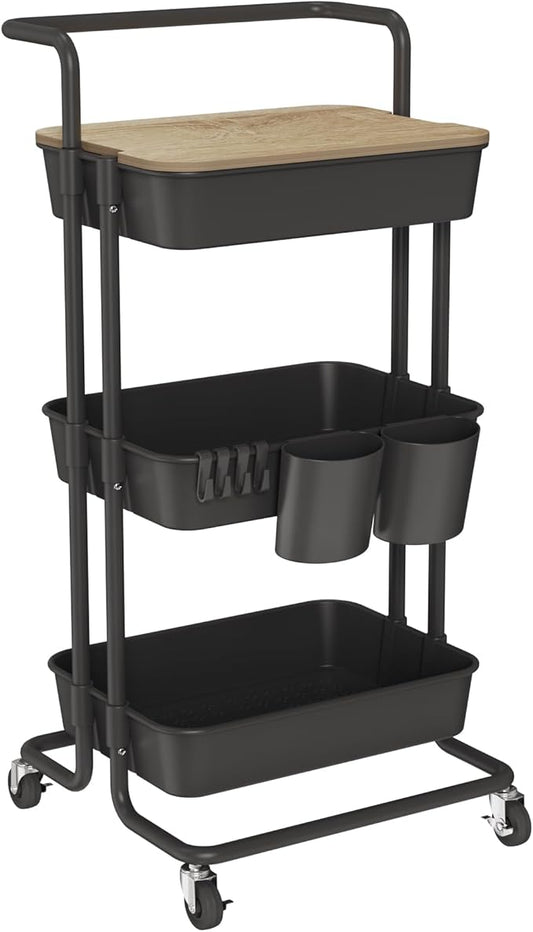 DTK 3 Tier Rolling Cart Uility Cart with Cover Board, Mobile Storage Cart with Wheels, Cups, Hooks for Office Utility Kitchen Bathroom Homeschool Art Craft Postpartum Teacher Cart Organizer(Black)-BrightBean Baby