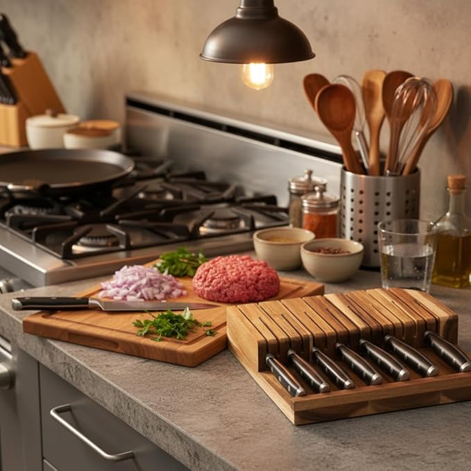 Alata 8-Piece Steak Knives Set with Acacia Block Built-in Sharpener, 4.7 Inch Non Serrated Razor-Sharp Dinner Knives, Full-Tang Construction, Dishwasher Safe