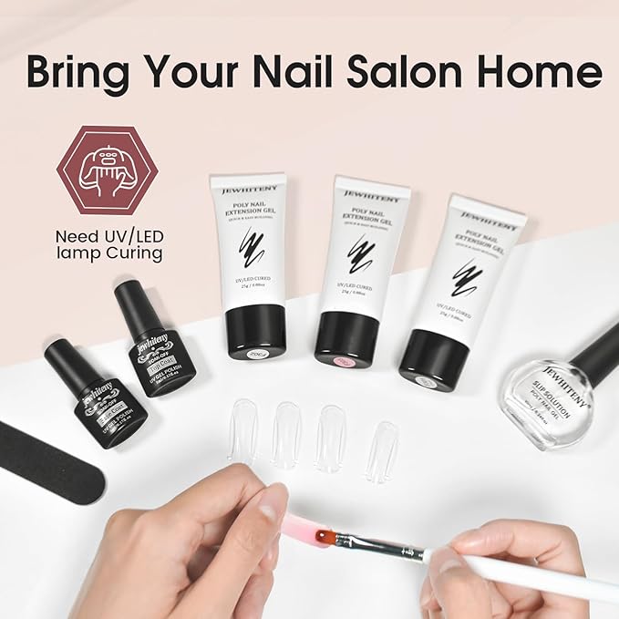 JEWHITENY Poly Extension Gel Nail Set Clear Pink Poly Nail Gel With Slip Solution Base Coat Top Coat French Manicure Need U V Lamp Curing for Finger Art and Home DIY-BrightBean Baby