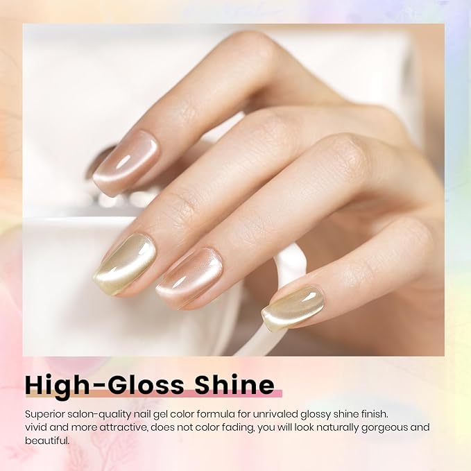 RARJSM Nude Jelly Glass Cat Eye Gel Nail Polish Set 6Pcs Champagne Gold Rose Blush Metal Pink Red Smoothie Ceramics Cateye Silver Glitter Gelpolish with Magnetic Stick UV LED Curing Require Home Salon-BrightBean Baby