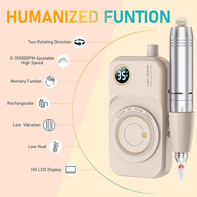 Portable Nail Drill Electric File: 35000RPM Professional Rechargeable Nail E File Machine,for Acrylic Nails Gel Polishing Removing, Cordless Efile with Bits Kit for Manicure Salon Home (Pink)-BrightBean Baby