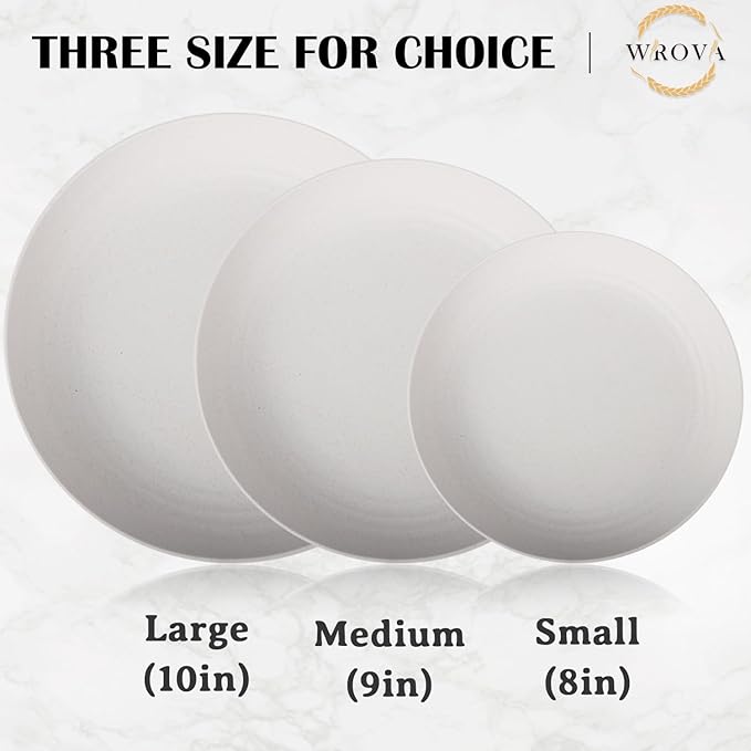Wrova Wheat Straw Plates - 10 Inch Unbreakable Dinner Plates Set of 8 - Dishwasher & Microwave Safe Plastic Plates Reusable for kitchen and camping (White)