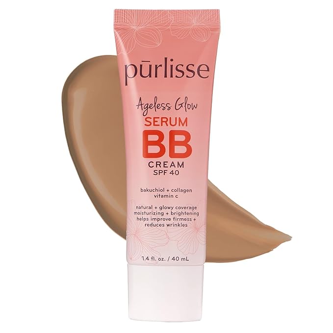 pūrlisse Ageless Glow Serum BB Cream SPF 40 - Glow BB Cream with SPF Enriched with Bakuchiol & Vitamin C to Help Improve Firmness & Reduce Wrinkles for Dewy Skin - Tan (1.4 oz)-BrightBean Baby