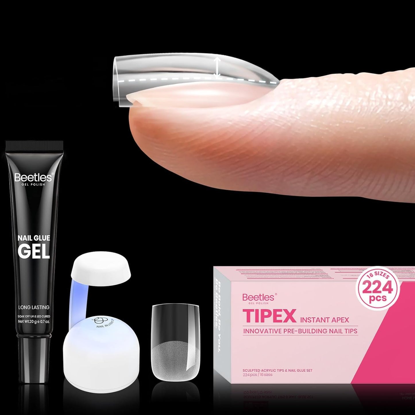 Beetles Tipex Gel Nail Kit Extra Short Square: 16 Sizes Instant Apex Nail Tips, 224 Pcs Pre-Building False Nail Tips with Tipex Nail Glue, Mini Nail Lamp-Thick Acrylic Nail Set-BrightBean Baby
