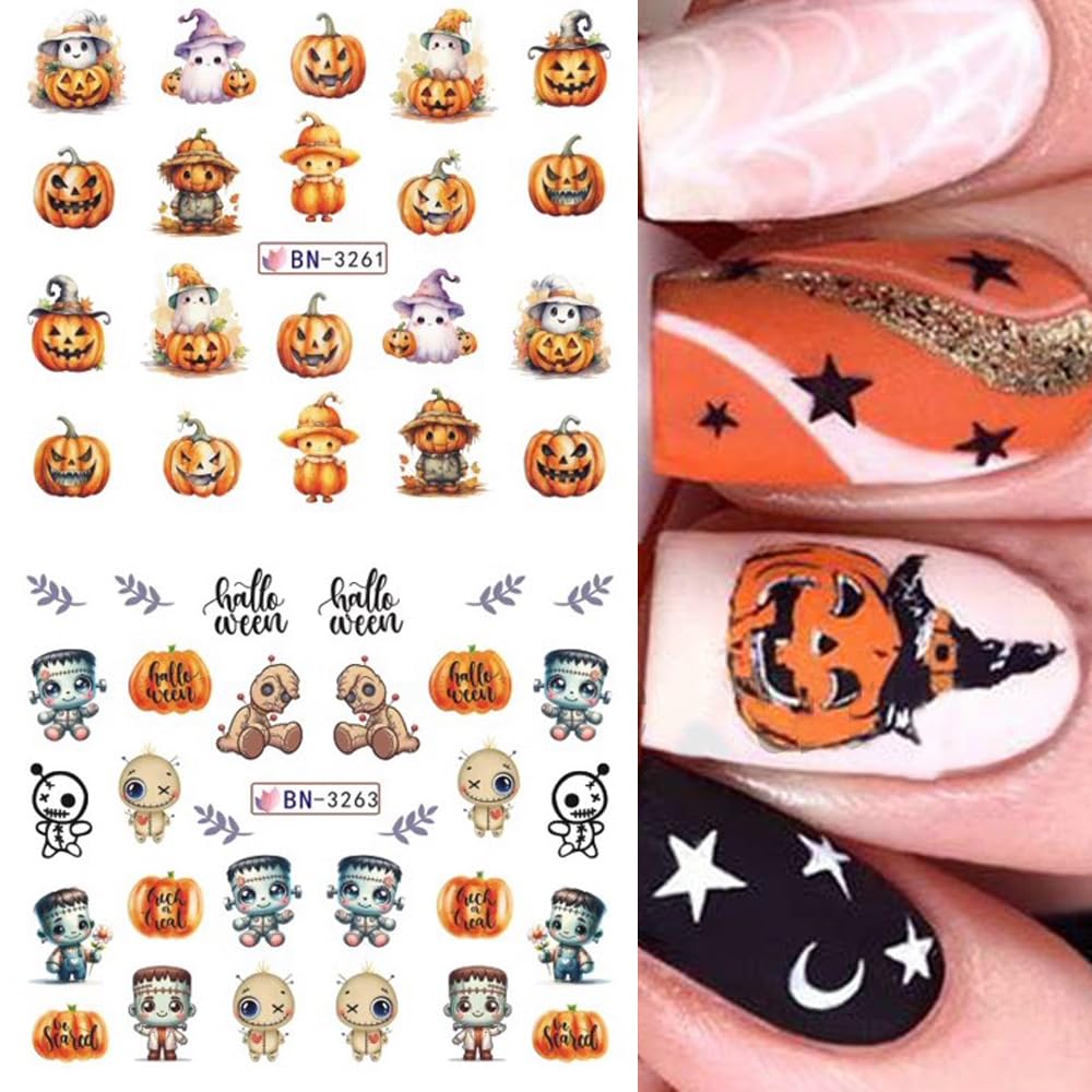 12 Sheets Halloween Nail Art Stickers Pink Pumpkin Water Transfer Nail Decals Cute Ghost Spider Skeleton Acrylic Nail Stickers for Women DIY Manicure Tips Halloween Nail Art Decorations Supplies-BrightBean Baby