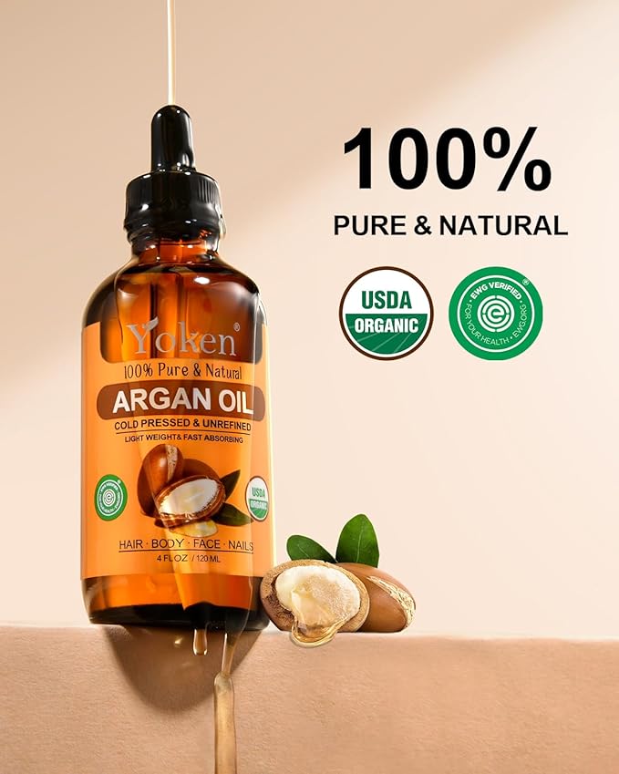 Yoken Organic Argan Oil for Hair 4 Fl Oz, USDA Pure and Natural Morocco Argan Oil, Argon Oil For Hair, Scalp, Face & Skin Care, 100% Cold Pressed Hair Conditioner, Unrefined Argon Nails Carrier Oil-BrightBean Baby