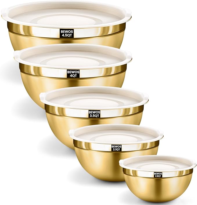 BEWOS 5PCS Mixing Bowls with Airtight Lids Set - 5 Stainless Steel Mixing Bowls, Dishwasher Safe, Ideal for Baking & Meal Prep, Stackable Design for Easy Storage