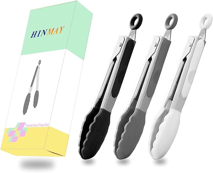Small Silicone Tongs 7-Inch Mini Serving Tongs, Set of 3 (Black Gray White)