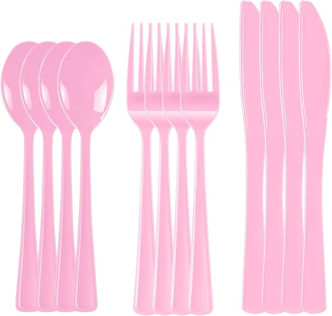 300 Pack Pink Disposable Plastic Silverware Heavy Duty, Plastic Cutlery Set,Forks and Spoons Knives Set for Birthday Party Prom Night, Weddings