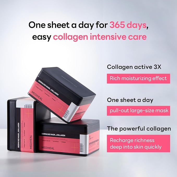 Mediheal Derma 365 Collagen Mask (30 Masks) - Daily Skin Care Mask for Firm Moisturizing to Lift Skin with Collagen Active 3X-BrightBean Baby